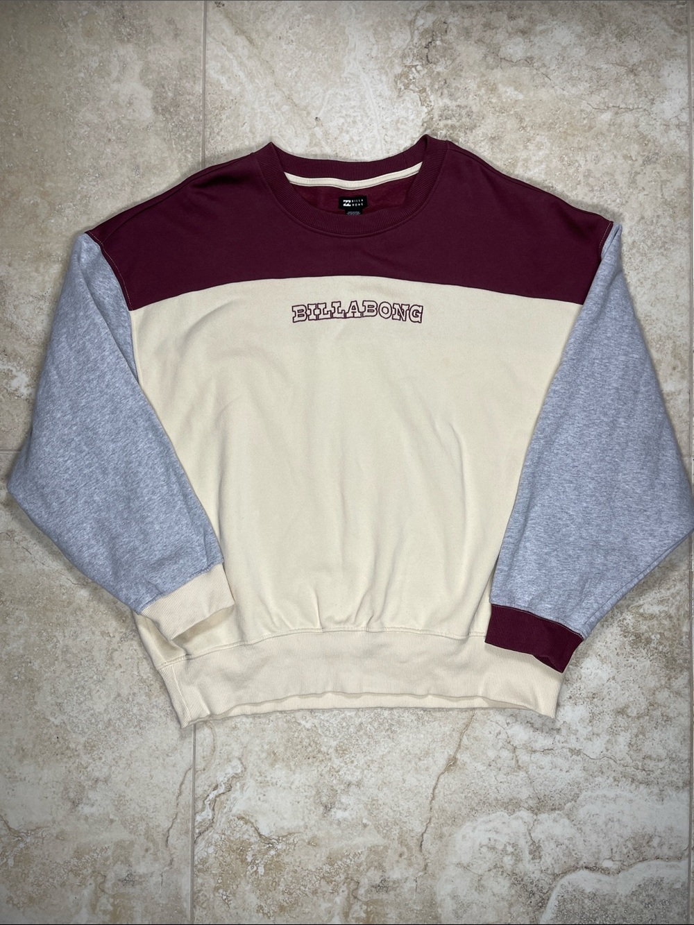 Billabong Colorblock Crewneck Sweater - Burgundy, Cream & Gray